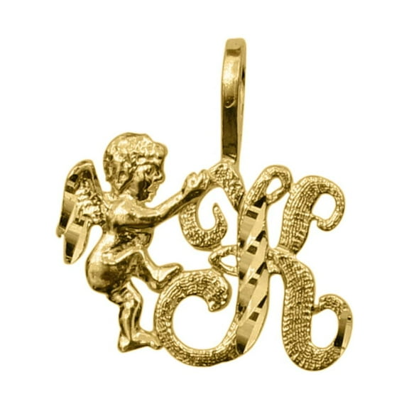Precious Stars 14K Yellow Gold Cherub and Cursive Initial Letter 'K' Pendant - No Chain, Pendant Only