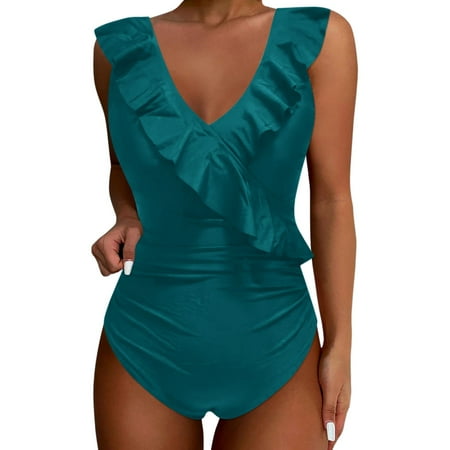 WERYOUNG Women Summer Tropical Brazilian Vacation Swimwear Beachwear Fashion Spaghetti Waist Hollow Monokini Solid Color Sexy Bikini Swimsuit Soft Dark Green L
