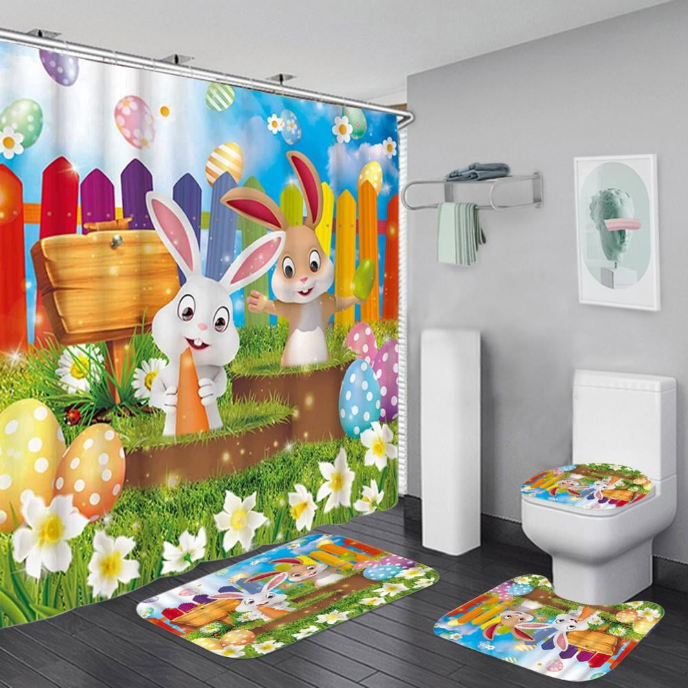 Easter Bathroom Set Easter Printed Shower Curtain Mats Set Waterproof ...
