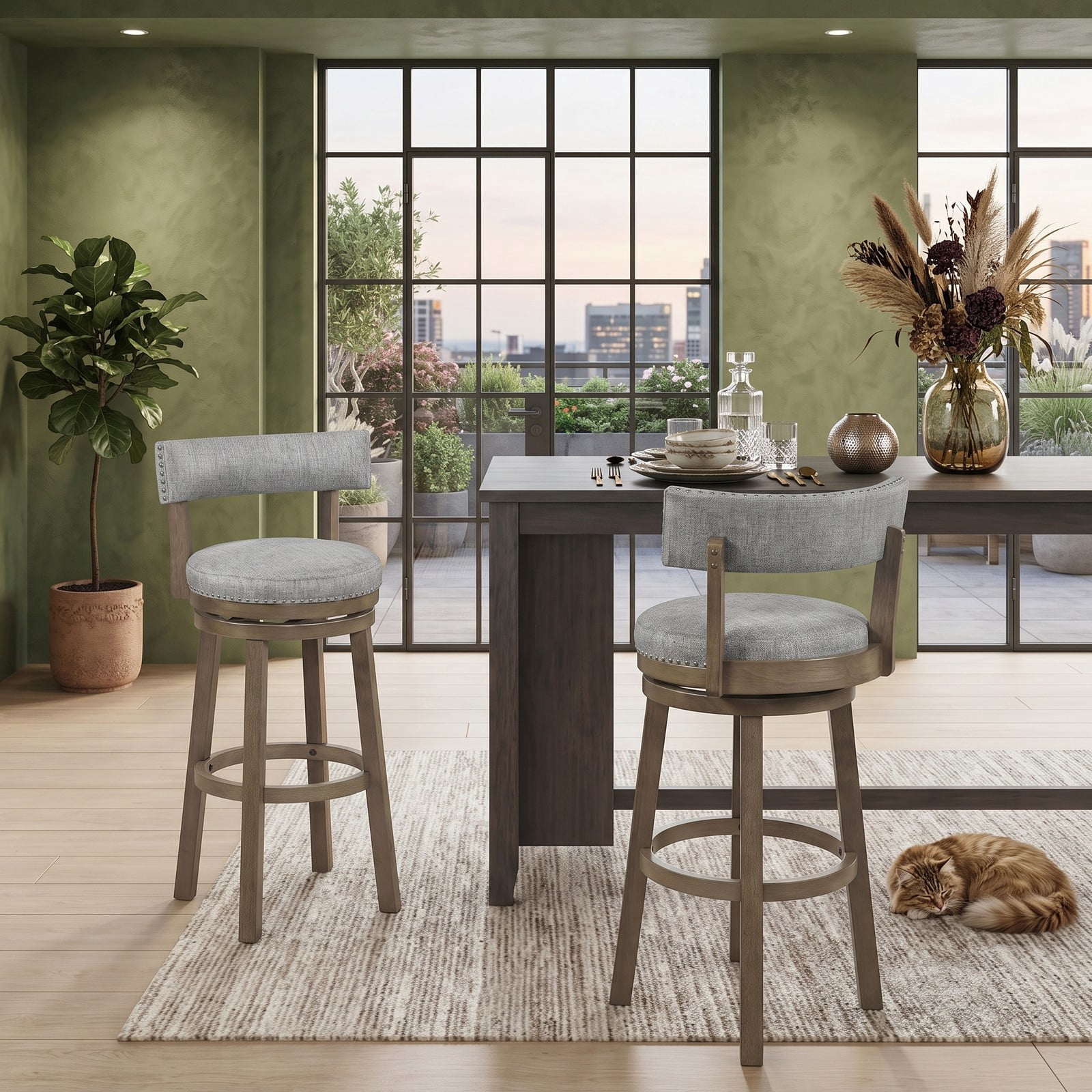 Furnibear Swivel Bar Stools Set of 2, 31.5 Inch Linen Fabric Upholstered Barstools with Curved Back and Nailhead Trim, 360-Degree Swivel Counter Height Kitchen, Gray