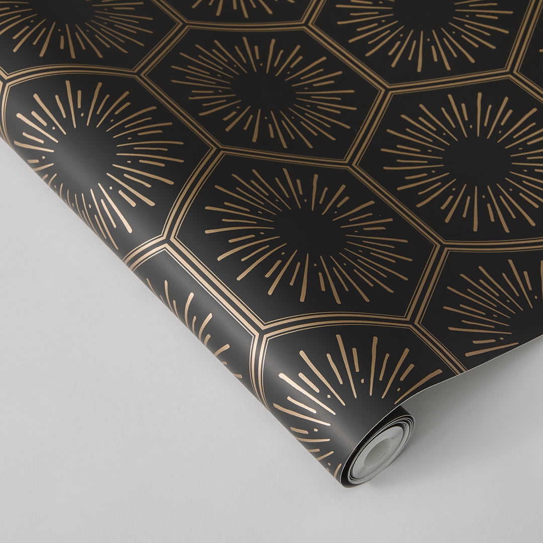 Tempaper Hello Sunshine Black & Metallic Gold Peel and Stick Wallpaper, 20.5" x 16.5'