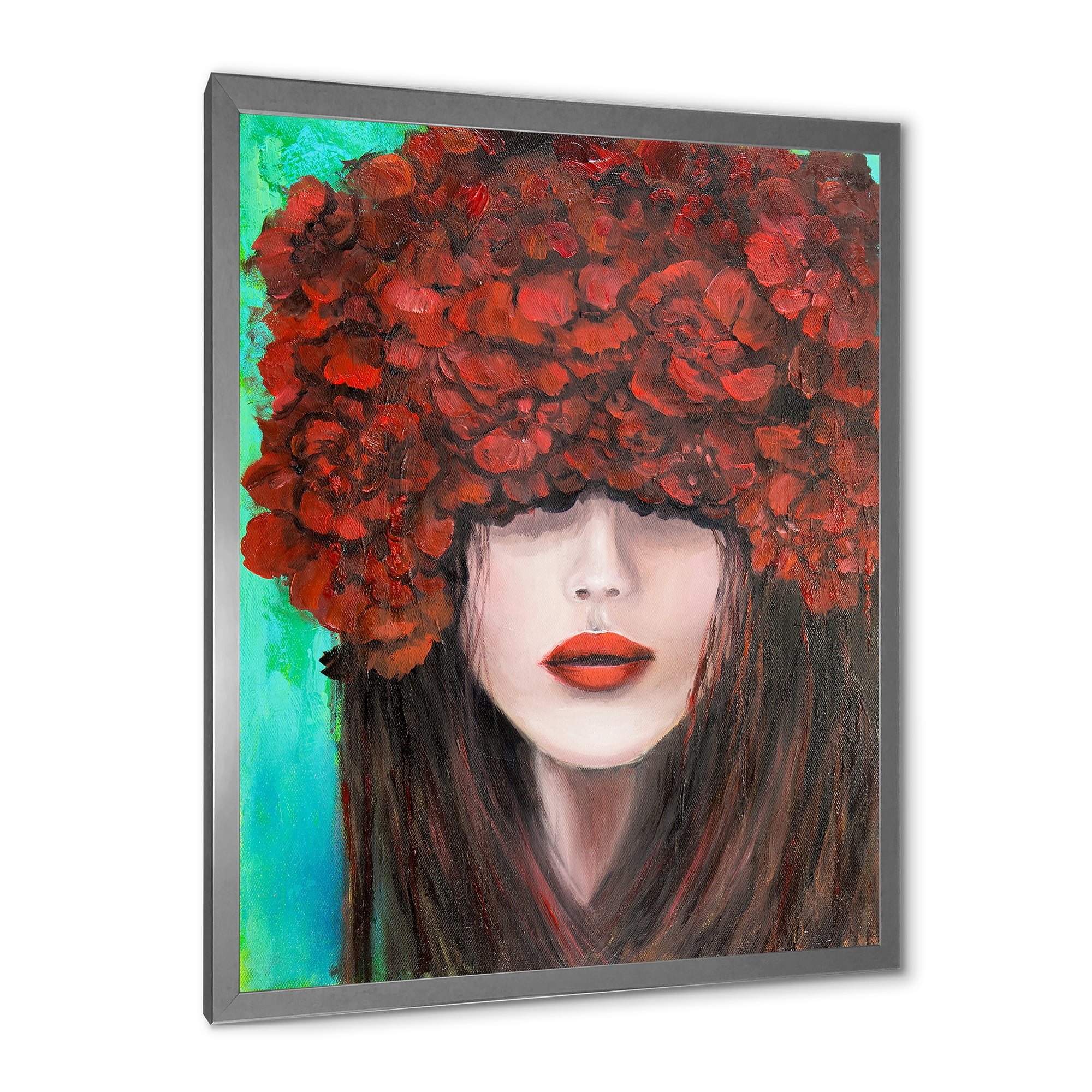Designart 'Portrait Of A Young Lady With Red Flowers' Modern Framed Art Print