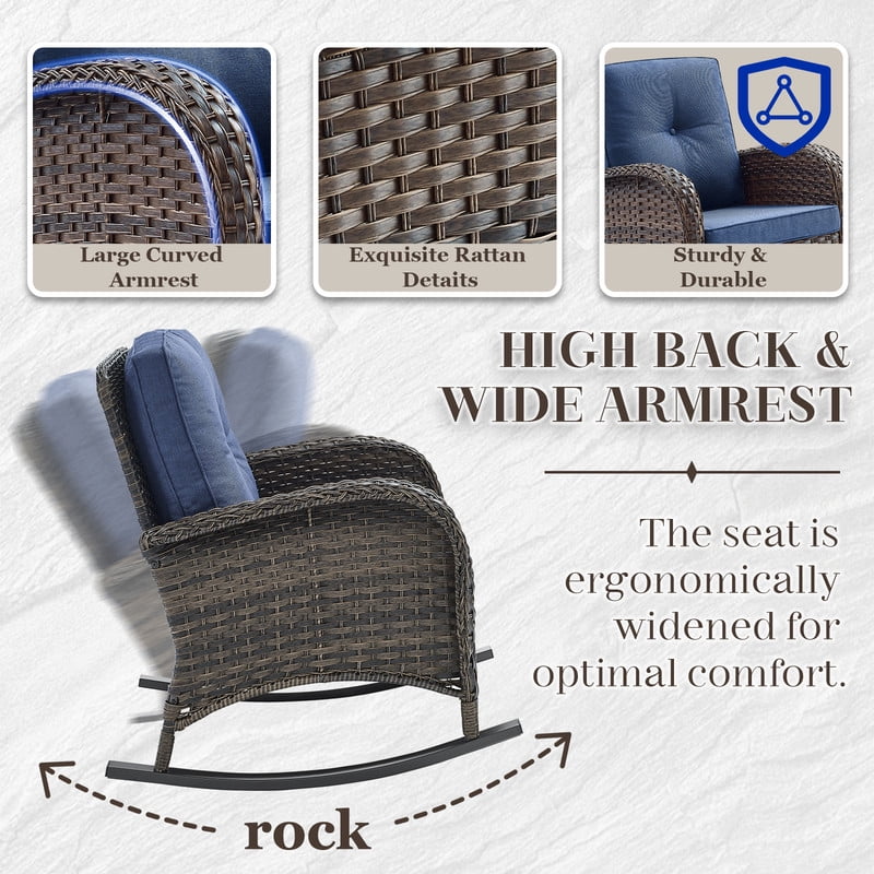PARKWELL 5 Pieces Outdoor Patio Furniture Set with Fire Pit Table,All Weather Wicker Cushioned Rocking Chairs,Loveseat Glider for Garden Lawn Balcony Porch Deck,Brown/Navy