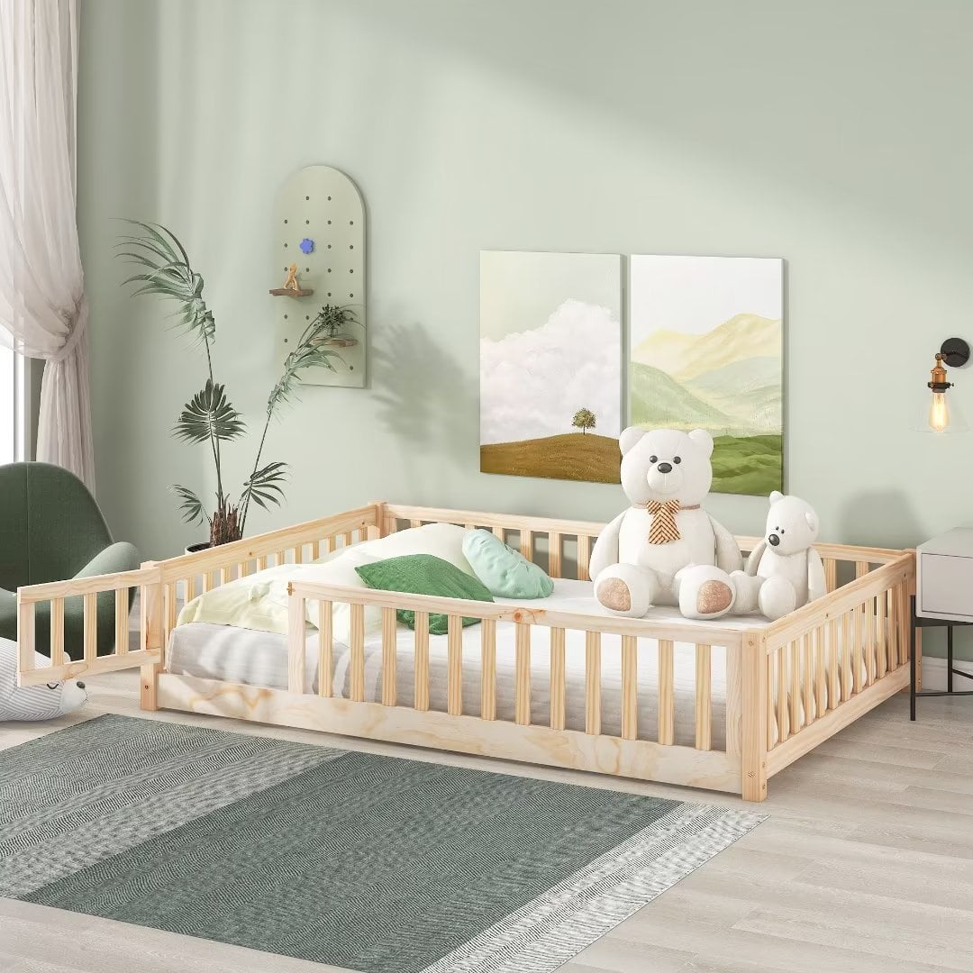 Queen Floor Bed Frame for Kids, Montessori Floor Bed with Fence and Wood Slats, Low Wood Platform Beds for Girls Boys Kids Happy Time,Natural