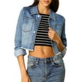 thumbnail image 2 of INSPIRE CHIC Women's Frayed Hem Button up Long Sleeve Washed Cropped Denim Jacket, 2 of 6