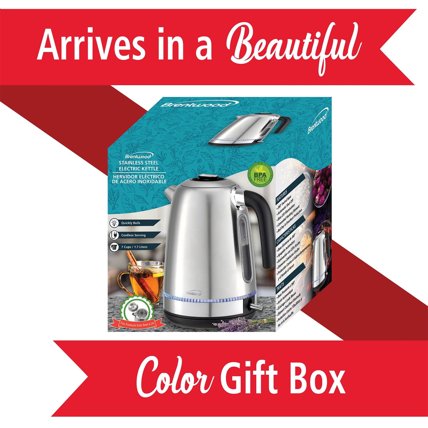Brentwood Cordless Electric Stainless Steel Kettle 7-Cup (KT-1792S) BTWKT1792S