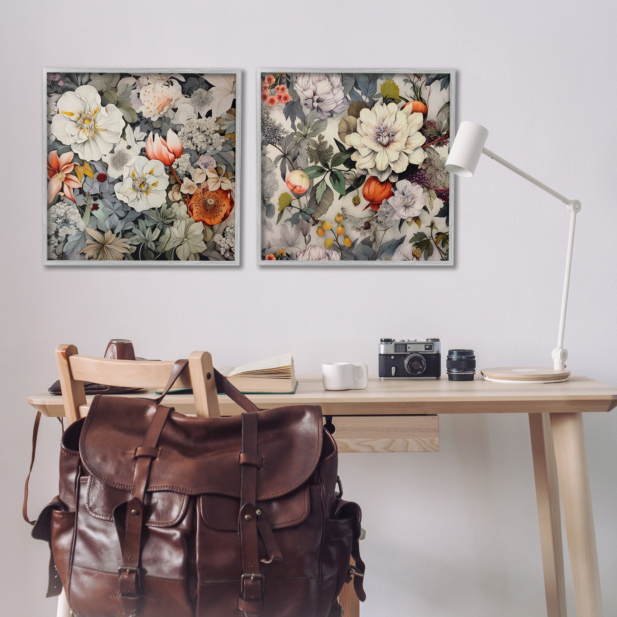 Stupell Industries Vintage Blooms Arrangement Botanical & Floral Painting Gray Framed Art Print Wall Art, 24 x 24, Set of 2
