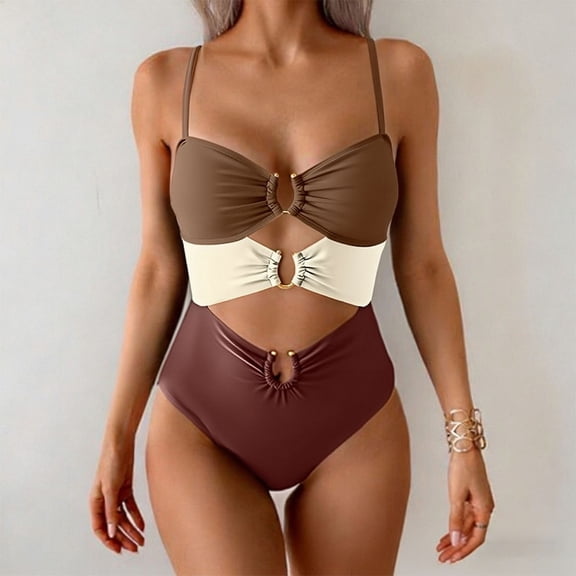 ITSAME Womens One-Piece Swimsuit Adjustable Straps Hollow Out Quick-Dry Fashion Beach Swimwear Brown Size XL