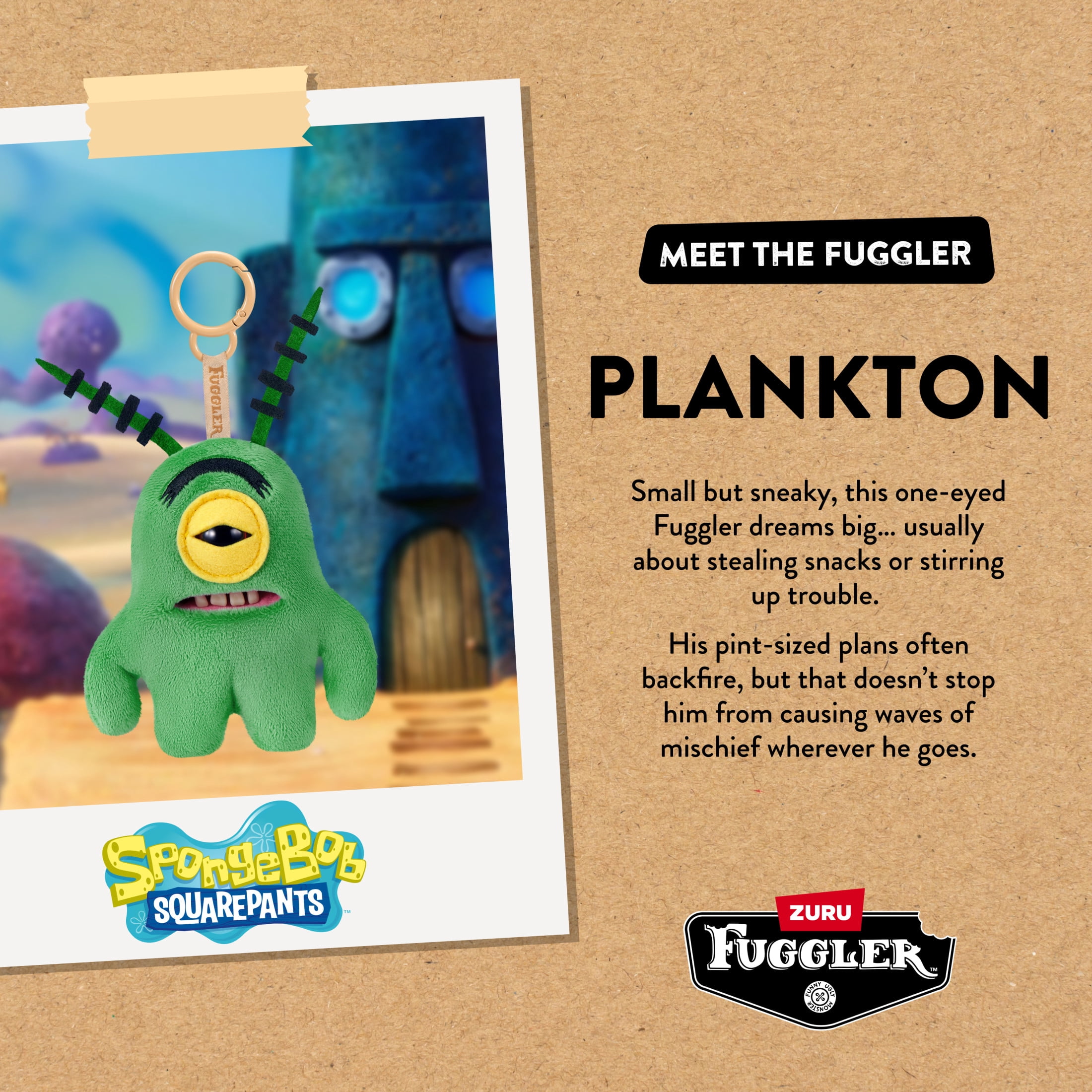 Fuggler SpongeBob Key Rings 5 inch (Sheldon Plankton), Funny Ugly Monster Plush Keychain by ZURU