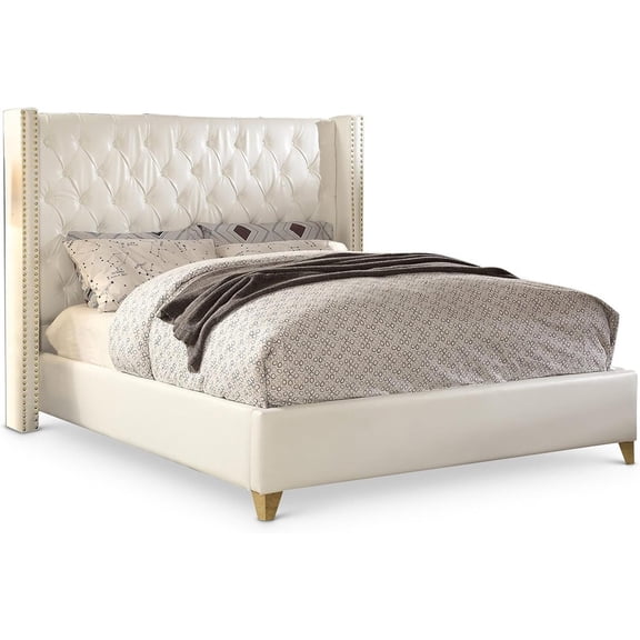Antique Ambiance Modern, Contemporary Bonded Leather Upholstered Wingback Bed with Deep Button Tufting, Gold Nailhead Trim and Custom Gold Legs