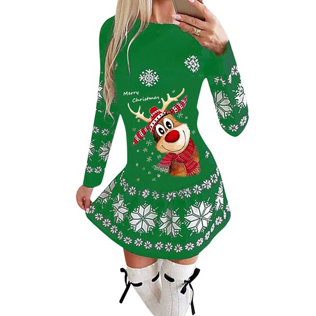 TheFound Women's Dress, Christmas Style Pattern Round Neck Long Sleeve Dress
