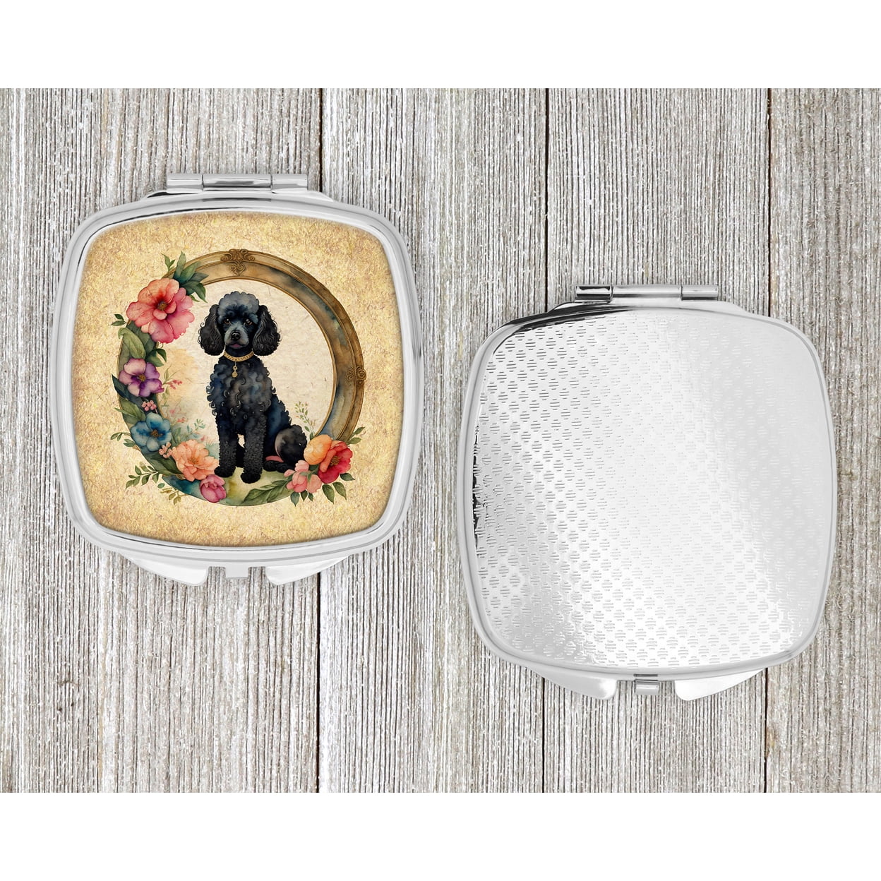 Black Poodle and Flowers Compact Mirror 2.75 in x 3 in