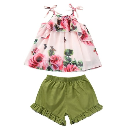 

JDEFEG Baby Girl Registry Must Haves Toddler Kids Girls Clothes Floral Print Sleeveless Strap Suspenders Top Shorts Casual Beach 2Pcs Outfits Set Baby Girl Winter Items Red 12M