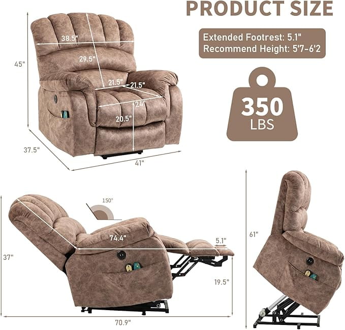 EPICOZY Large Power Lift Recliner Chair for Elderly Big Tall Man, Overstuffed Heated Massage Wide Electric Recliners with Extended Footrest, 2 Remote Controls, Side Packets & USB Ports, Fabric Brown