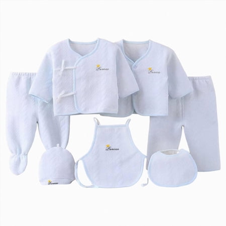 CAUYDY Newborn Boys Coming Home Outfits Infant Girls Layette Preemie Clothes Long Sleeved Shirt Hat Pants Bib Bellyband 7Pcs Comfy Set Fall Winter Sizes 0-3 Months Light Blue