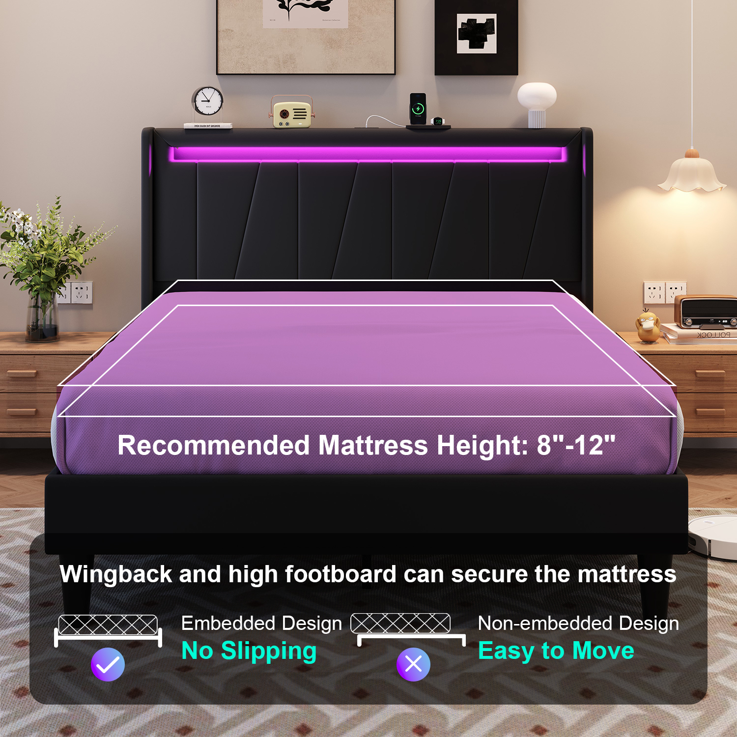 Amolife Queen Size Bed Frame with Charging Station & LED Light, Velvet Upholstered Platform Bed with Geometric Wingback Headboard, Black
