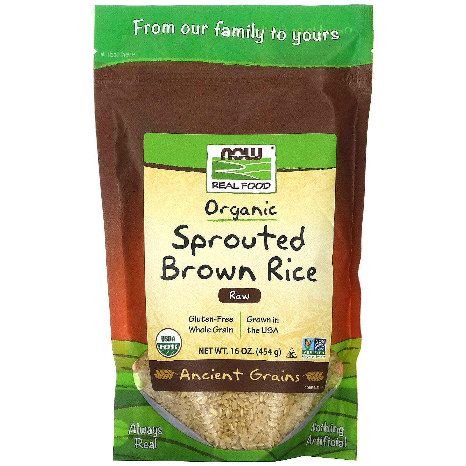 Now Foods Real Food, Organic Sprouted Brown Rice, Raw, 16 oz (454 g
