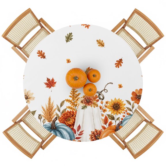 Fall Maple Leaf Thanksgiving Pumpkin Flower Round Fitted Tablecloth with Elastic Edge,Waterproof Table Cloth Fits 45"-54" Tables,Wipeable Washable Table Cover for Indoor Outdoor Dinning Party,Orange