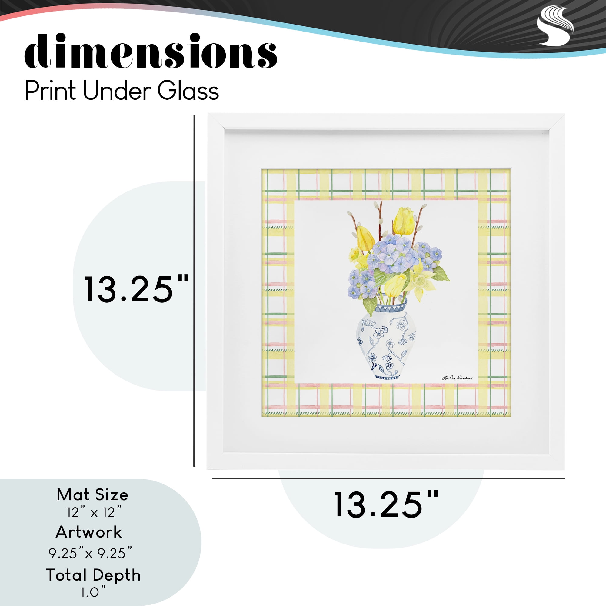 Spring Vase on Yellow Plaid White Framed Print Under Glass, design by Lee Ann Sanders