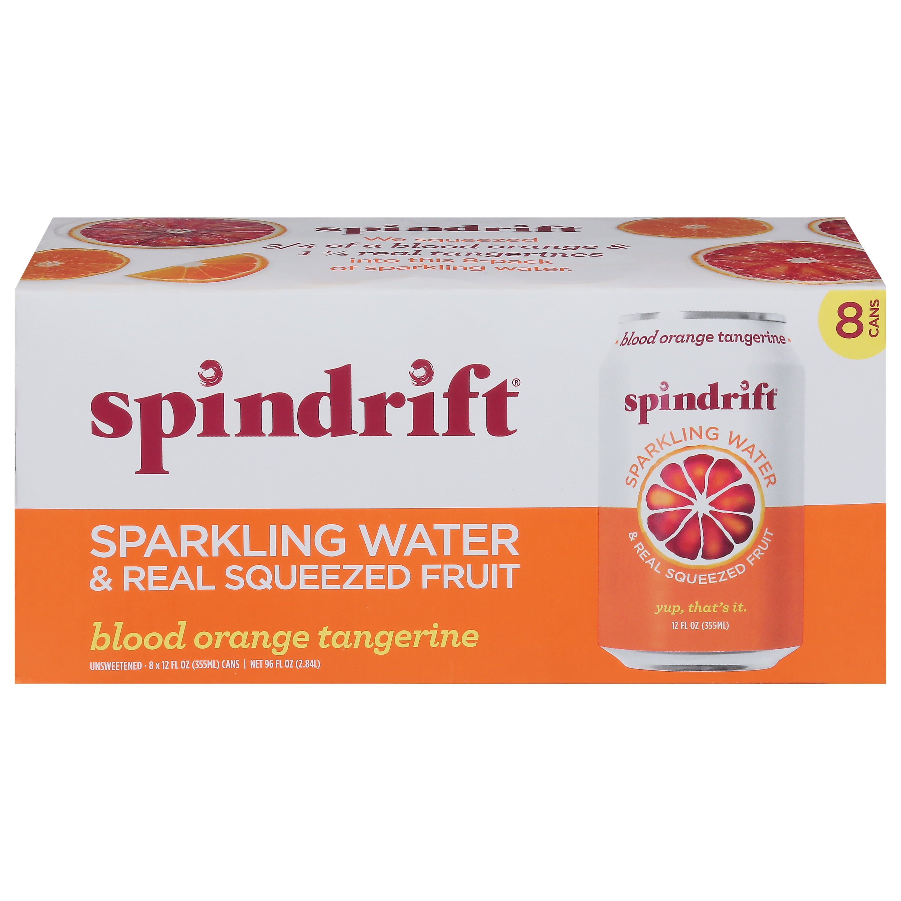 Spindrift Sparkling Water, Blood Orange Tangerine Flavored,  Made with Real Squeezed Fruit, 12 fl oz, 8 Count, No Sugar Added, 12 Calories per Can