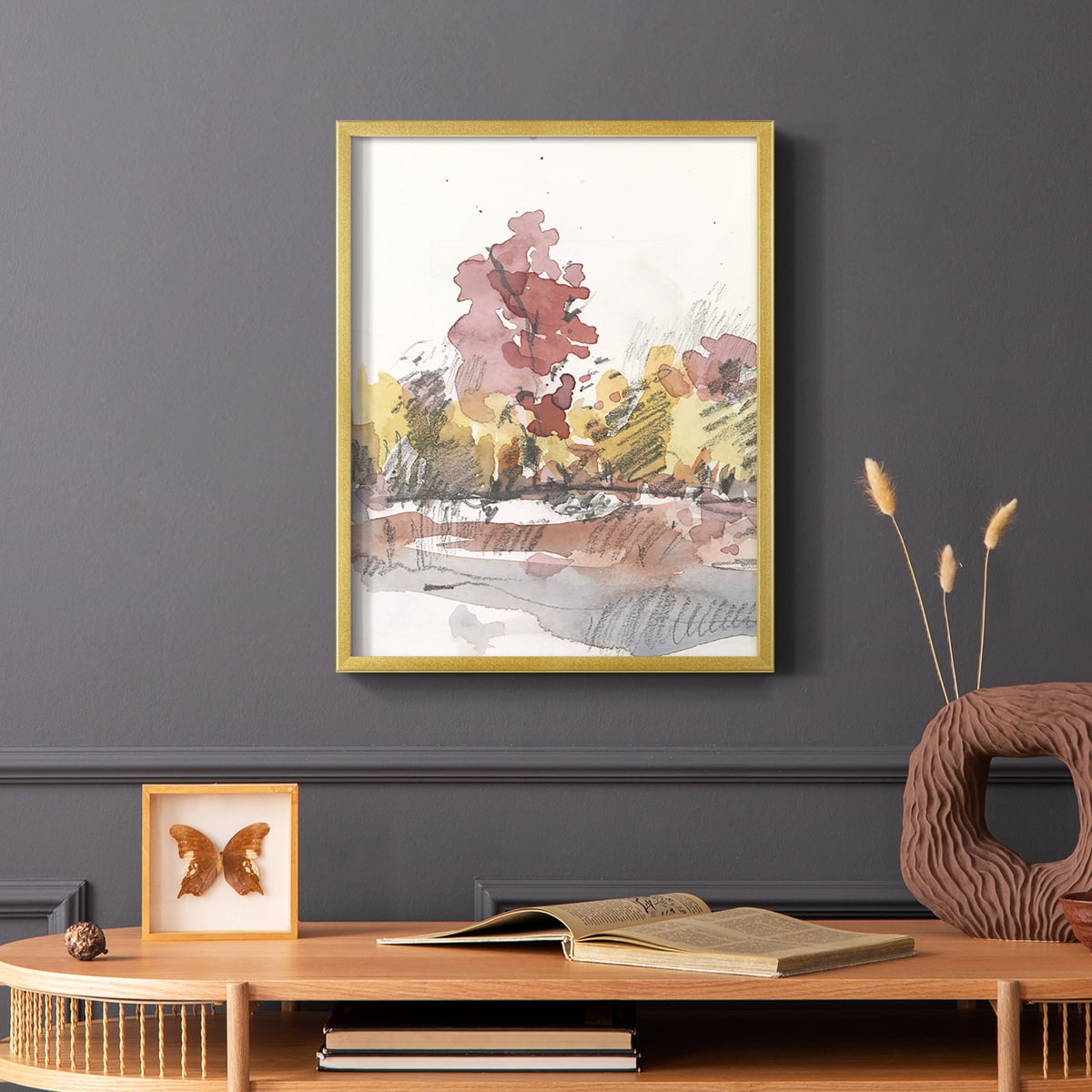 Watercolor Treeline Sketch I Framed Print in Gold Solid Wood 8 x 10 Framed Print