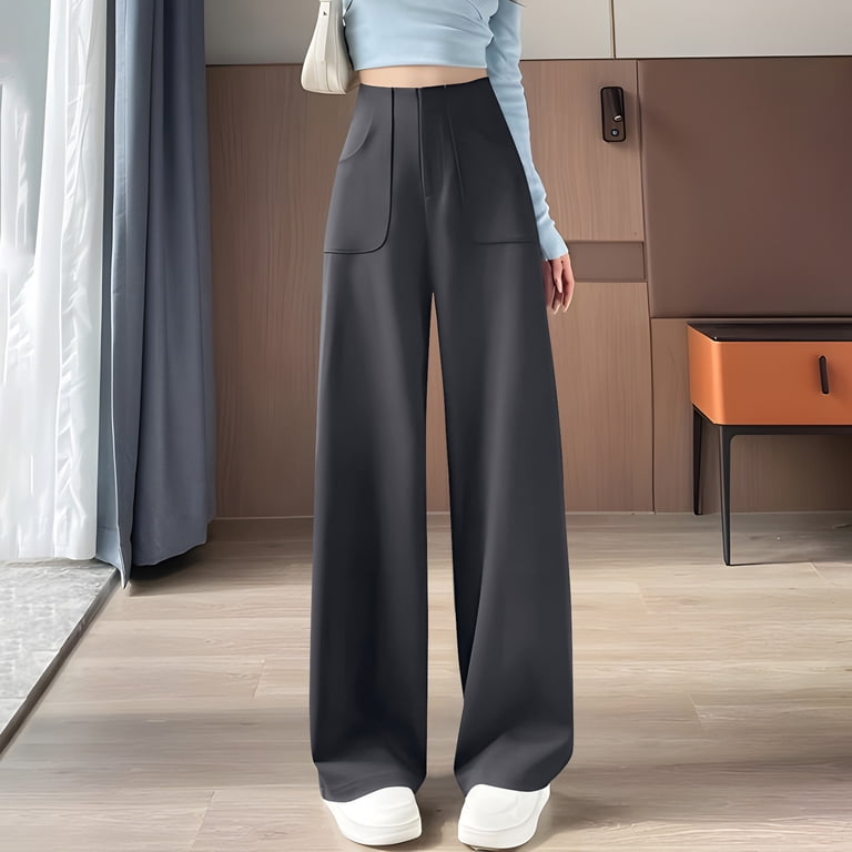 IChosy Womens High Waist Wide Straight Leg Trousers Casual Slacks Dress Pants With Pockets Navy
