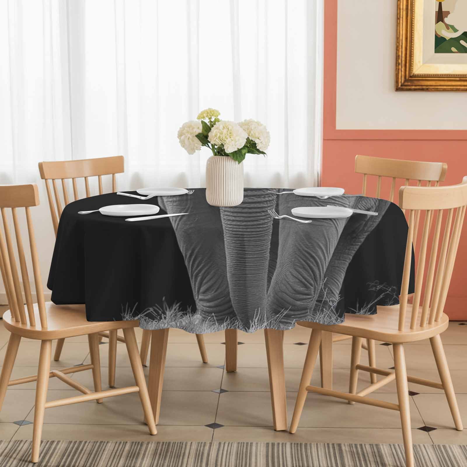 Round Tablecloth Modern Vintage Waterproof Oil Proof Polyester Table Cloth Cover Decor for Home Dining Outdoor,Patio,Parties, 60" Dia. Elephant Bird Animal Black Grey