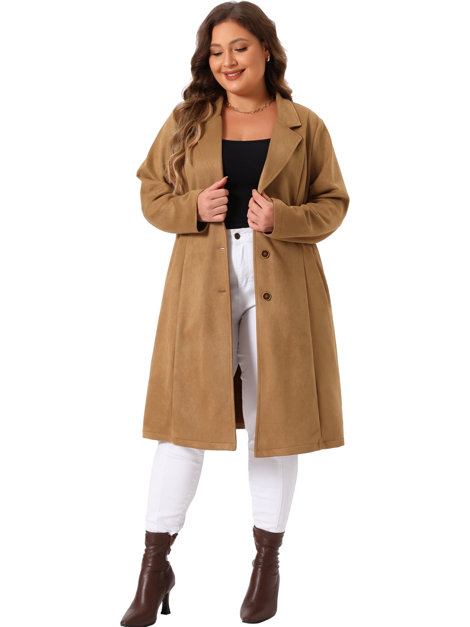 DARING DIVA Plus Size Faux Suede Trench Notch Lapel Long Sleeve Jacket 4X Brown