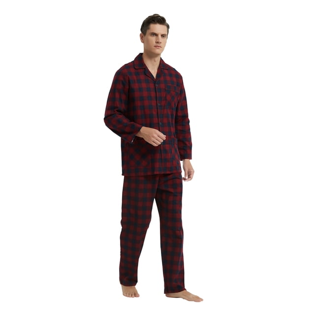 Apparonia Conjunto de Pijamas para Hombre de Algodón con Cuello con Muesca, Pijamas de Manga Larga para Hombre con Bolsillos y Frente, Fly Burdeos a Cuadros L