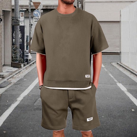 YNGKMEA 2 Piece Mens Lounge Set 2026 Summer Loose Sets Casual Waffle Shorts Outfits Beach Vacation Matching Set with Pockets Coffee 2XL