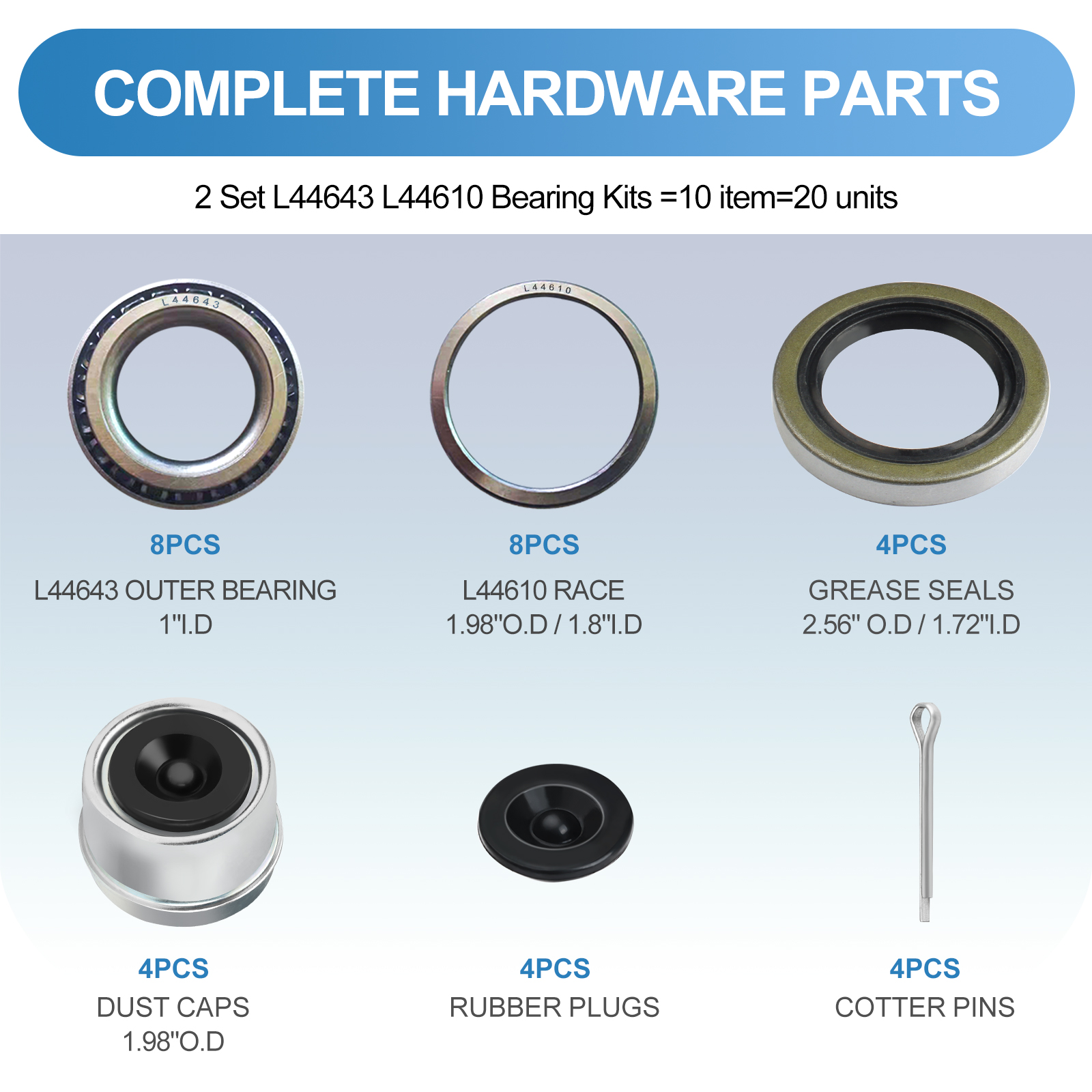 4 Sets L44643 L44610 Trailer Axle Bearings Kit with 12192TB Grease Seals, 1.98'' Trailer Dust Caps, Cotter Pins, Rubber Plugs, Fits for 1'' 2000-2200LB Boat Trailer Axle.