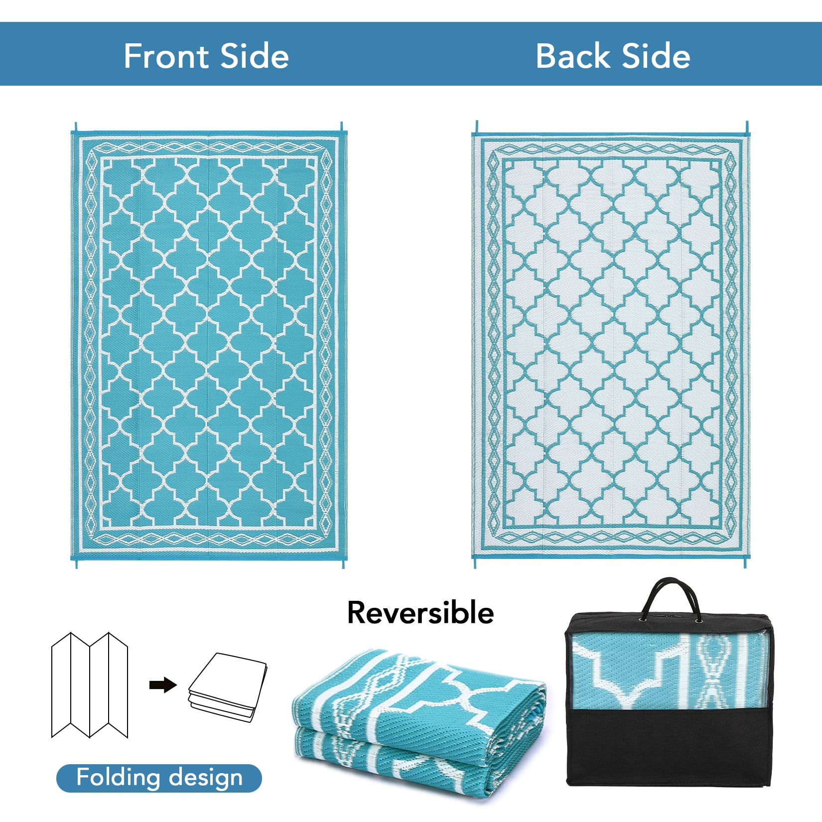 HOMERRY Geometric Moroccan Outdoor Rug Straw Plastic Area Rug for Balcony Pool RV Waterproof Reversible Carpet, Light Blue, 9'x 18'