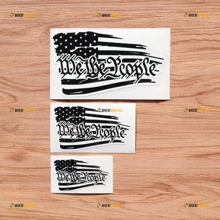 American USA Flag We The People Quote Vinyl Decal Sticker Black White - 3 Pack Glossy, 3 Inches, 4 Inches, 6 Inches - Distressed Tattered for Car Boat Laptop Cup 03290