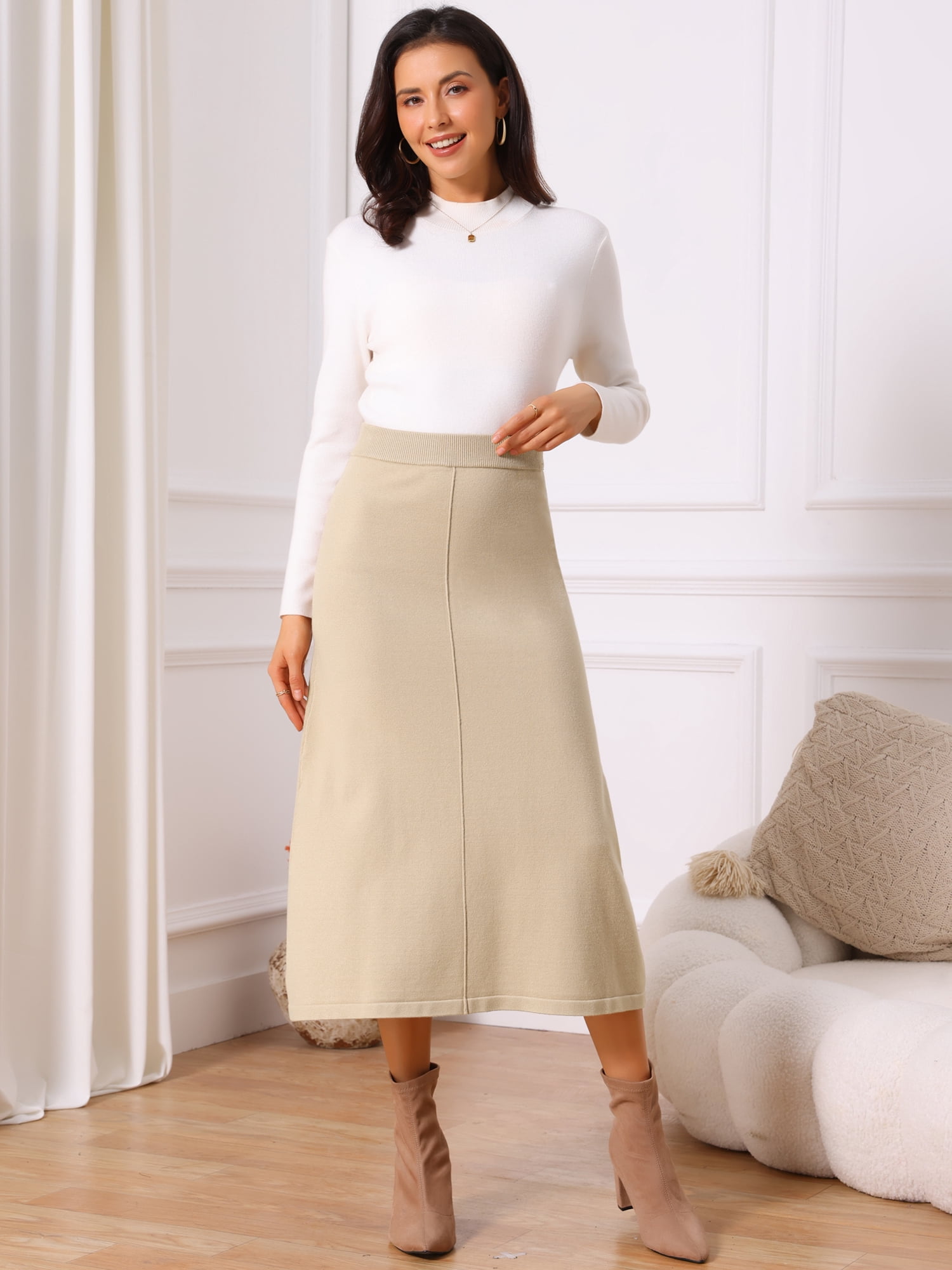 DARING DIVA Women's Sweater A Line Elastic High Waist Stretchy Midi Skirt L Apricot