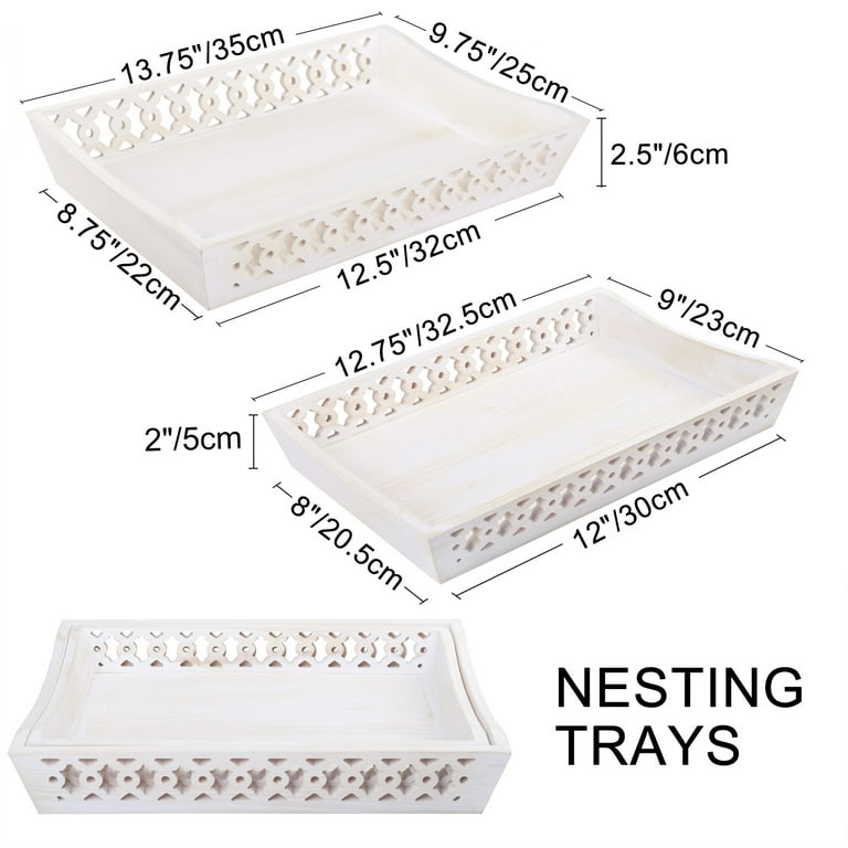 LotFancy Rustic Wood Serving Trays, Set of 2, Large Rectangle White Nesting  Food Trays with Metal Handles 