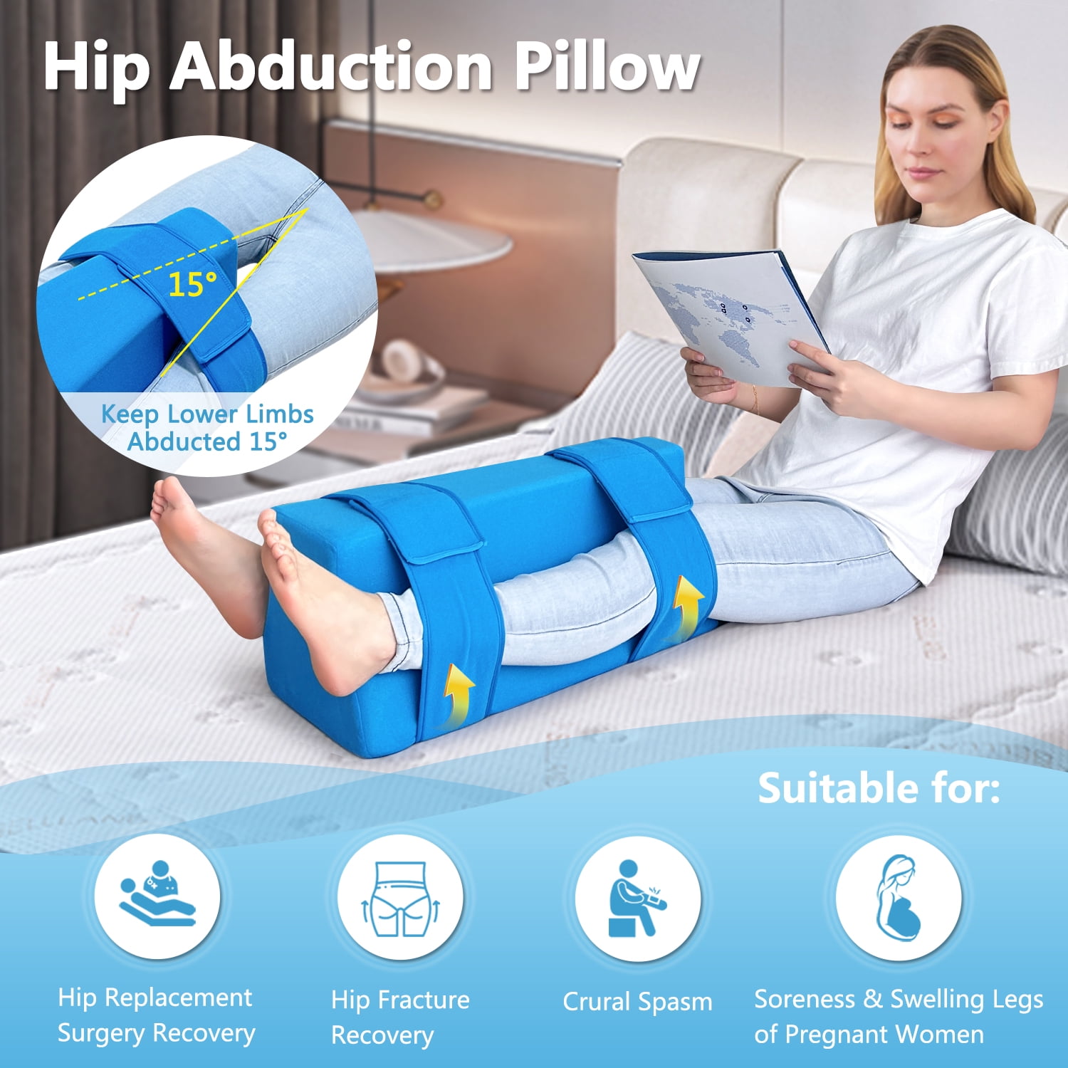 Hip Abduction Pillow for Surgery Recovery, Hip Abductor Pillow, Leg Separator Cushion with Adjustable Straps, Post Hip Replacement Support Foam Wedge for Pain Relief
