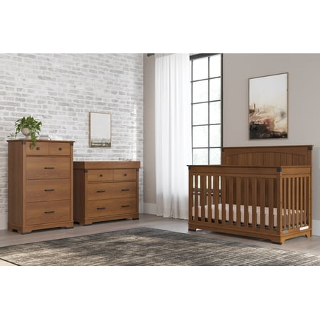 Child Craft Redmond 4-Piece Baby Nursery Set with 4-in-1 Convertible Crib, Changing Table Dresser, and Chest (Coach Cherry)