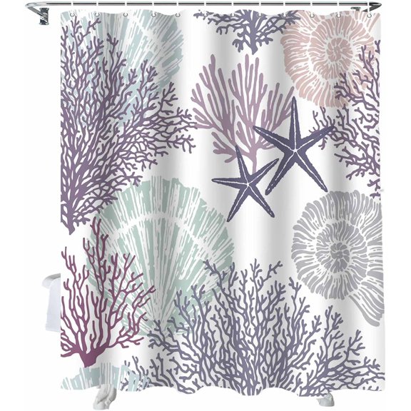 Shower Curtain Ocean Starfish Shell Coral Shower Curtains for Bathroom Decor Marine Abstract Retro Shower Curtain Sets with Hooks Waterproof Fabric Bath Curtain Extra Long 72" X 84"