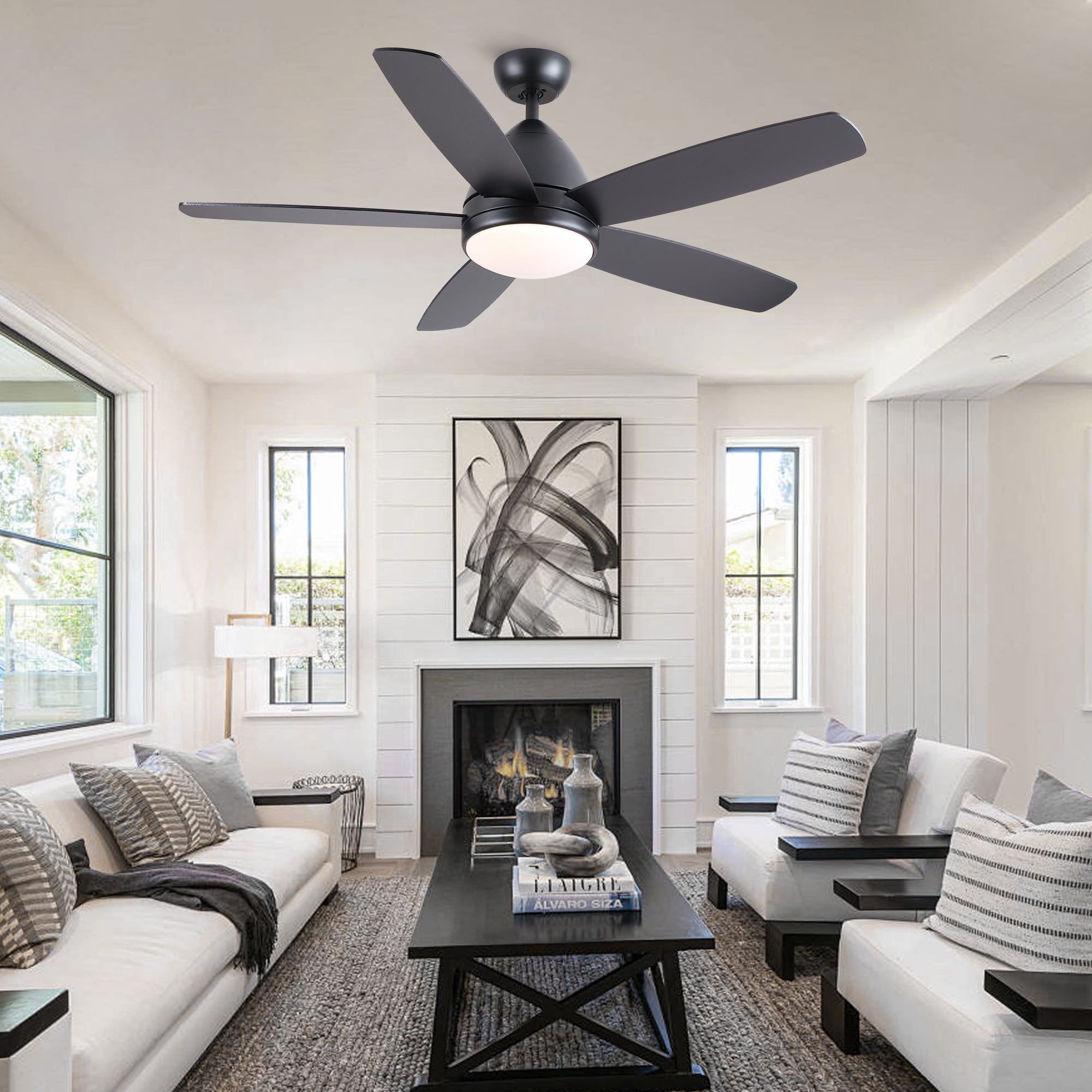 Leumius 52" Black Ceiling Fan with Intergrated LED Light Kit, Remote Control, 5 Plywood Blades and Work with Smart APP for Living Room Bedroom