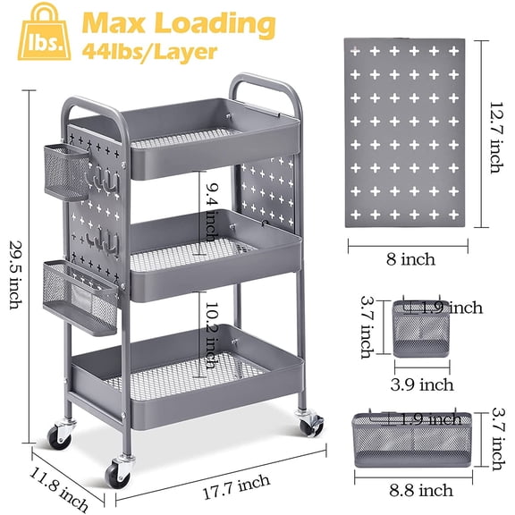 3-Tier Rolling Cart with Metal Pegboards, Storage Trolley for Office, Home, Kitchen, Classroom