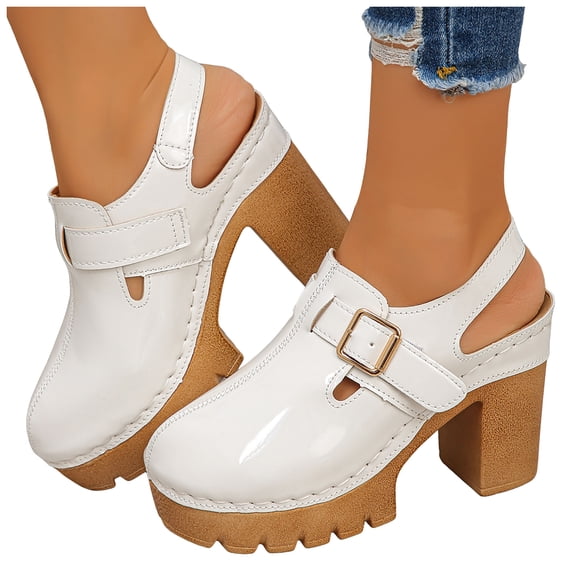 Women's Chunky High Heel Sling Back Sandals Close Round Toe Dress Wedding Shoes Lightweight Platform Pumps White Size 7