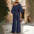 thumbnail image 4 of Szluipve 2 Piece Sets for Women Off‑Shoulder 2 Piece Outfits Puff Long Sleeve Slanted Shoulder Top & High Waist Pleated Wide Leg Pants Casual Vacation Matching Set Navy L, 4 of 9