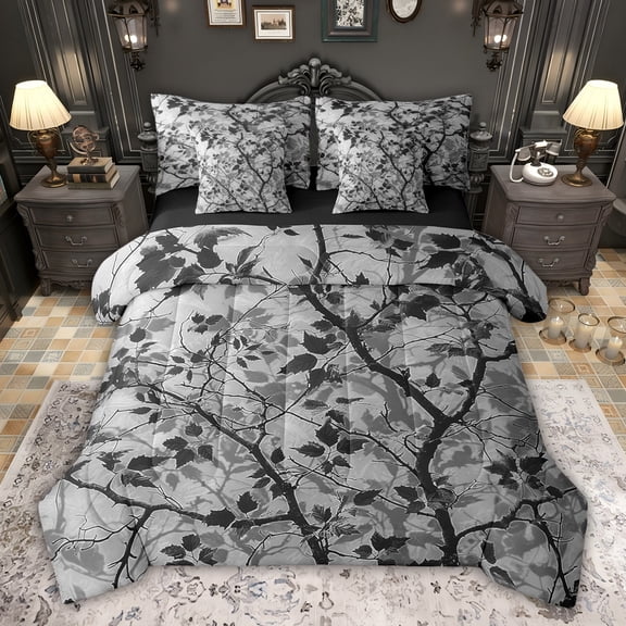 Feelyou Leaves Branches Twin Bedding Sets 7-Piece for Teen, Farmhouse Botanical Bedding Comforter Set, Grey Cartoon Plant Reversible Sheet Sets, Lightweight Room Decor