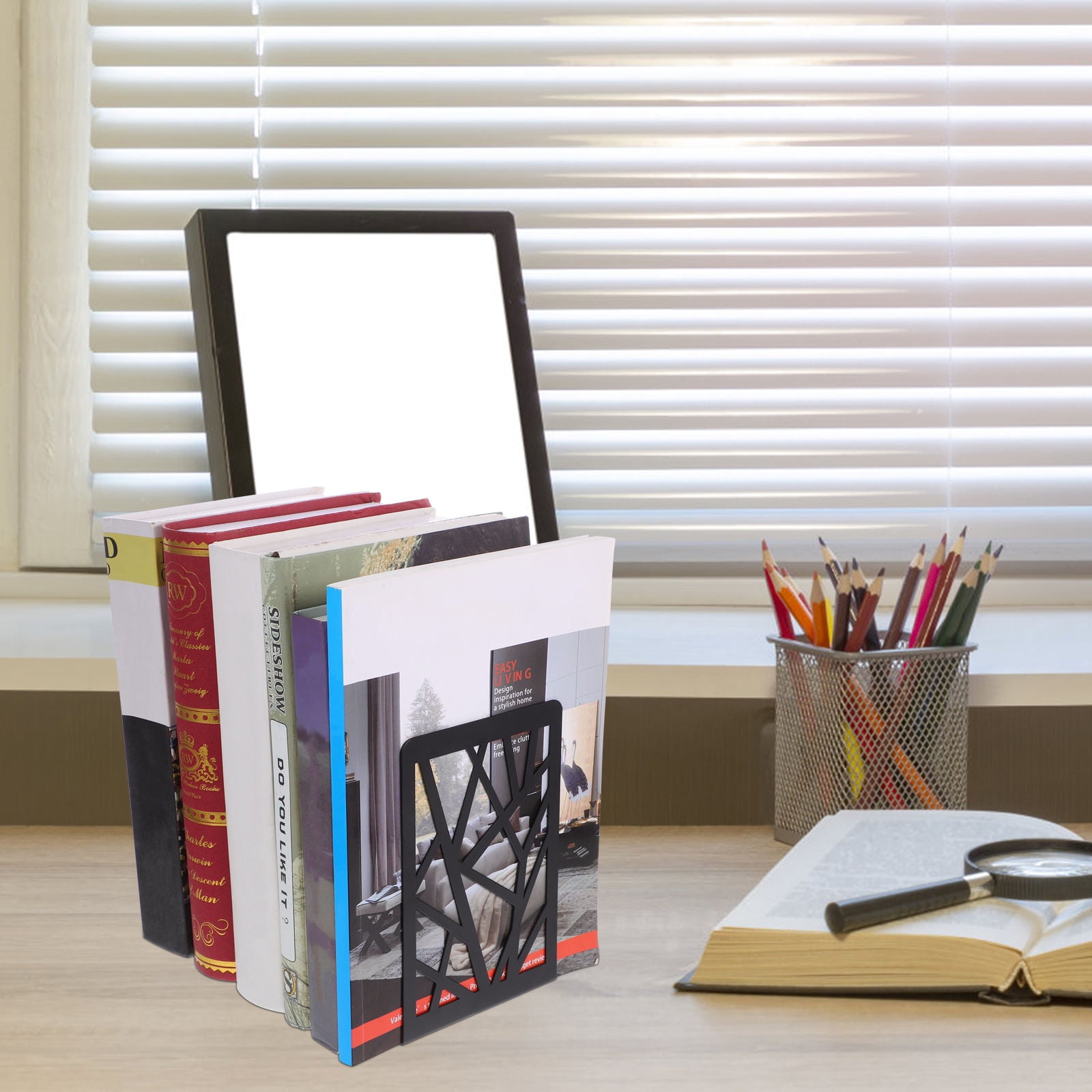 HONITANO 2-Piece Metal Bookends for Shelves Heavy Duty Stable Book Holders with Design for Desk Office Bookshelf