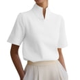 thumbnail image 2 of Women's Solid V-Neck Work Blouse Short Sleeve Stand Collar Business Casual Office Shirt, 2 of 7