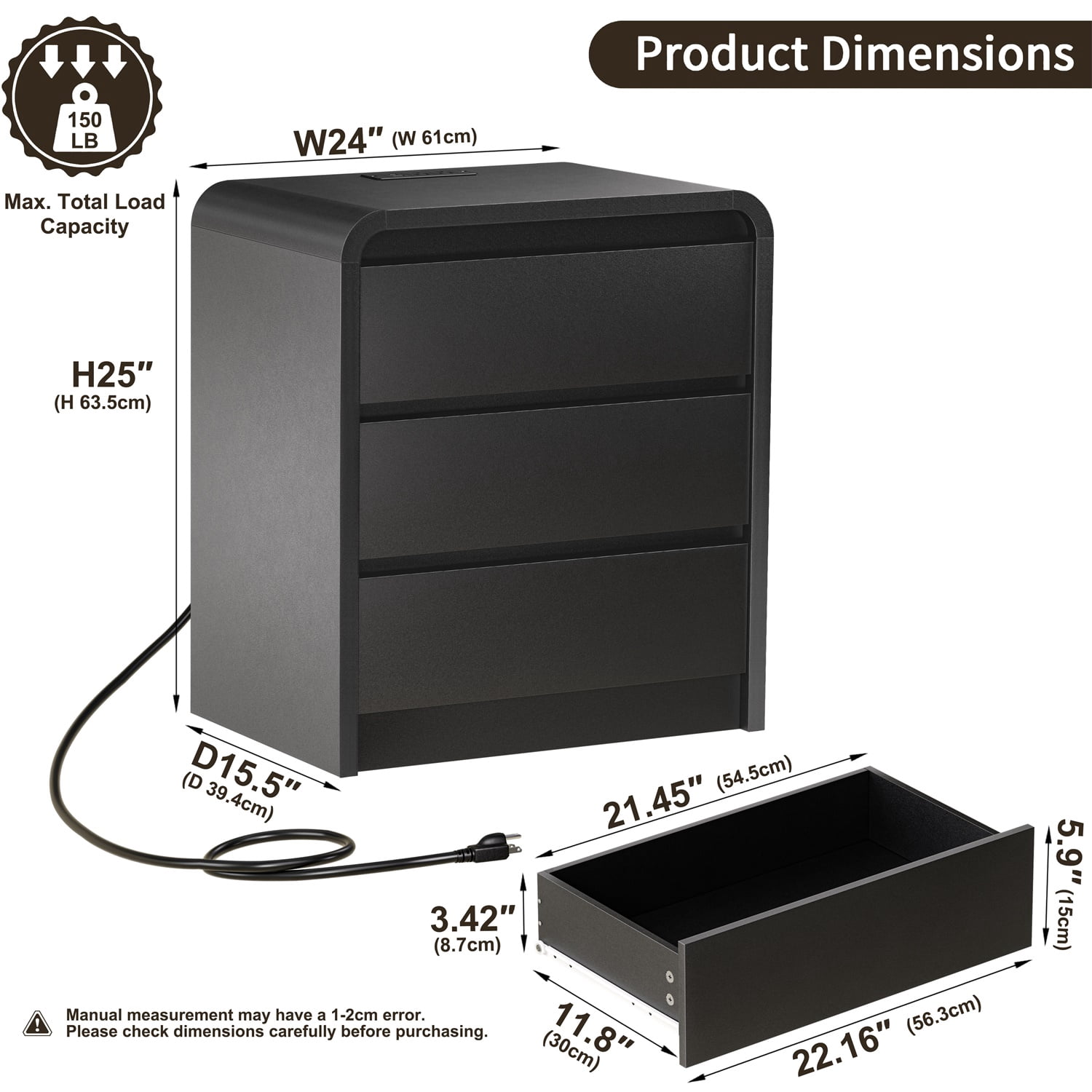 Hommoo Modern Mid-Century Nightstand with Built-in Charging Station, 25" Tall Wood Bedside Table with 3 Soft-Close Drawers, 2 AC Outlets & 2 USB Ports, Black