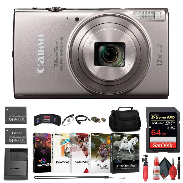 Canon PowerShot ELPH 360 HS (plat.) (1078C001) + Tarj. Mem. 64 Gb + Bat. NB11L + Estuche + Carg. + Lector Tarj. + Soft. Corel Photo + Cable HDMI + Trípode Flex + Más