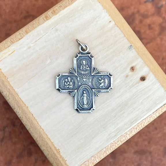Sterling Silver Antiqued Four Way Catholic Cross Medal Pendant 24mm