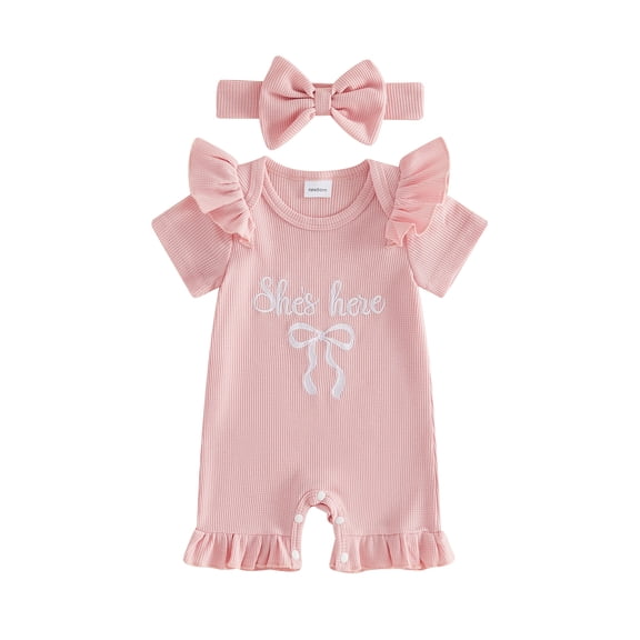 BemeyourBBs She‘s Here Baby Girls Spring Summer Fall Clothes Newborn Baby Girl Hospital Going Home Outfit Waffled Romper Bow Letter Print Ruffle Short Sleeve One Piece Jumpsuit with Headband