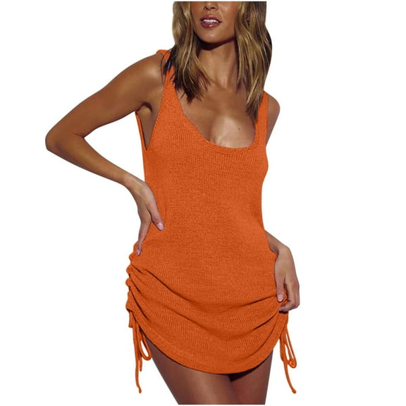 BLVB Women's Beach Crochet Mini Dress Bathing Suit Swimsuit Coverup Summer Backless Swimwear Cover-Ups with Drawstring